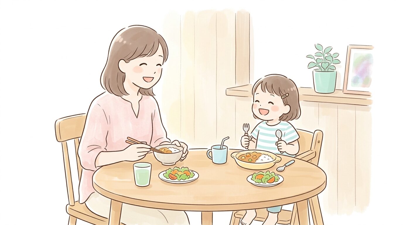 親子で一緒に食卓を囲みながら笑顔で会話をする夕食シーンの温かい雰囲気