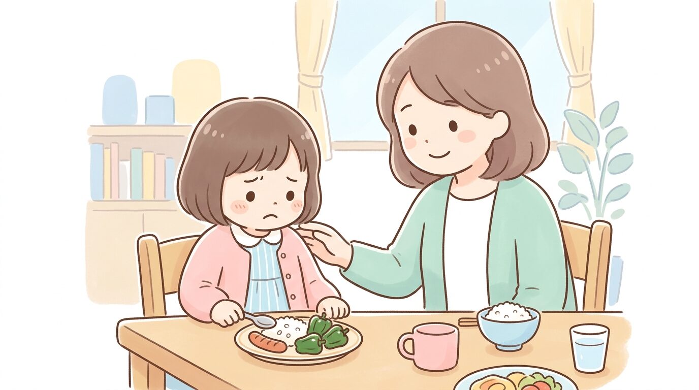 食卓でピーマンを前に困った顔をする3歳くらいの女の子と、優しく見守る母親