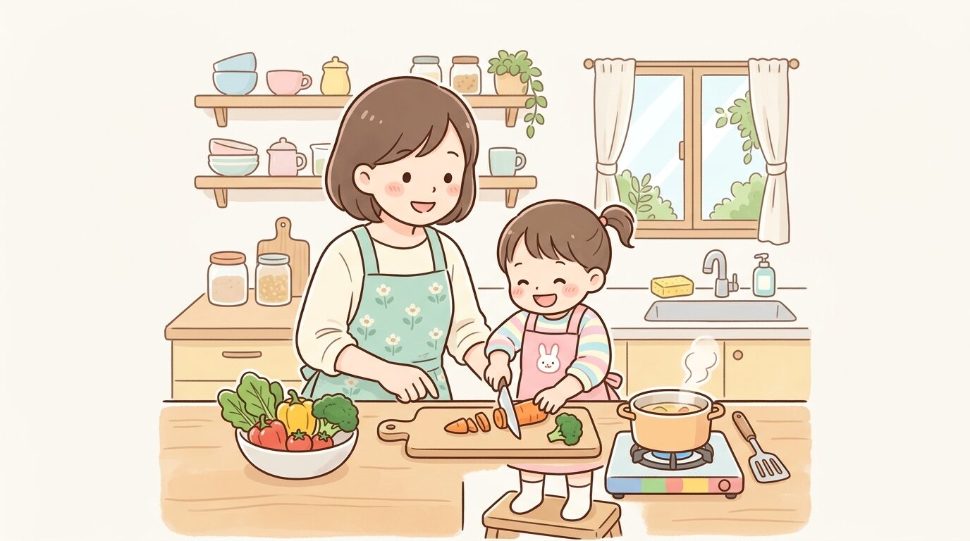 キッチンで親子一緒に野菜を切って調理している様子、笑顔のエプロン姿の親と子ども
