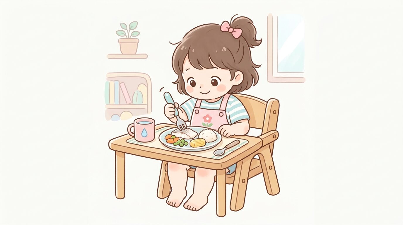木製の子供用椅子に座り、白身魚のおかずを興味深そうにフォークでつつく3歳くらいの女の子