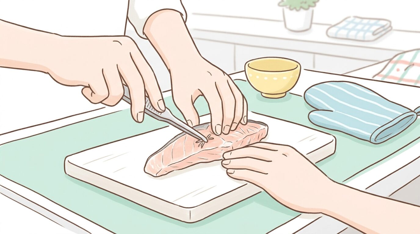 キッチンで骨抜き専用トングを使い、鮭の切り身から小骨をつまみ出す手元のクローズアップ