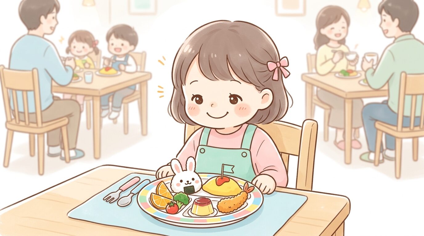 ファミリーレストランでお子様ランチのプレートを笑顔で見つめる3歳くらいの女の子
