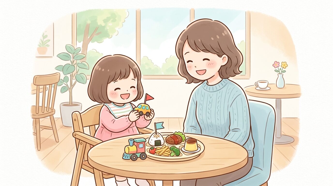 明るいカフェのテーブルでお子様ランチのおもちゃを手に取って喜ぶ幼児と見守る母親