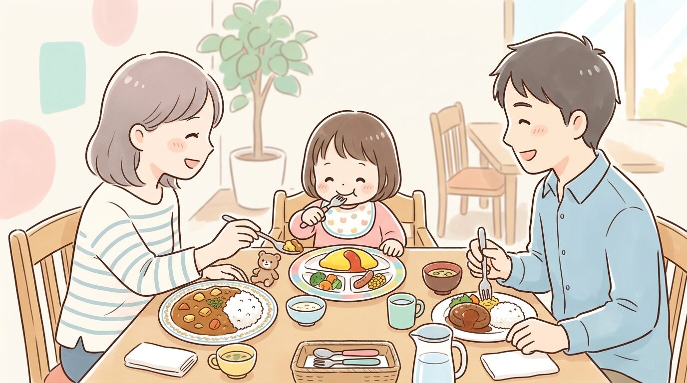 レストランのテーブルで大人用メニューを取り分けてもらい笑顔で食べる子どもと家族