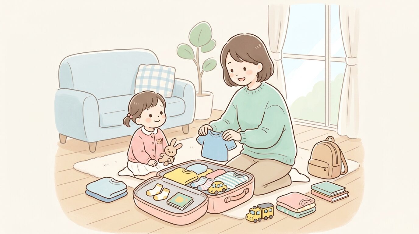 リビングで旅行バッグに子供服やおもちゃを詰める30代の母親と隣で見守る3歳の女の子