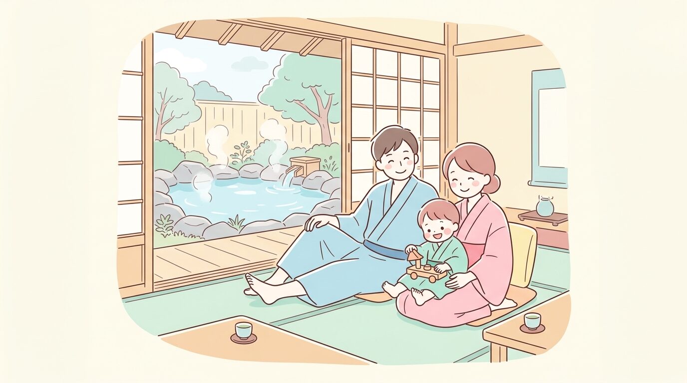 露天風呂付きの和室旅館で浴衣を着た親子3人がくつろぐ様子
