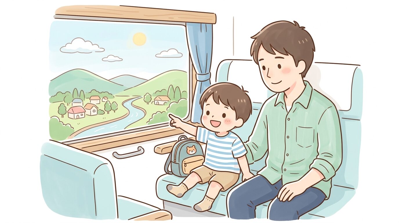 電車の窓際に座り外の景色を指差して喜ぶ3歳くらいの男の子と隣で微笑む父親