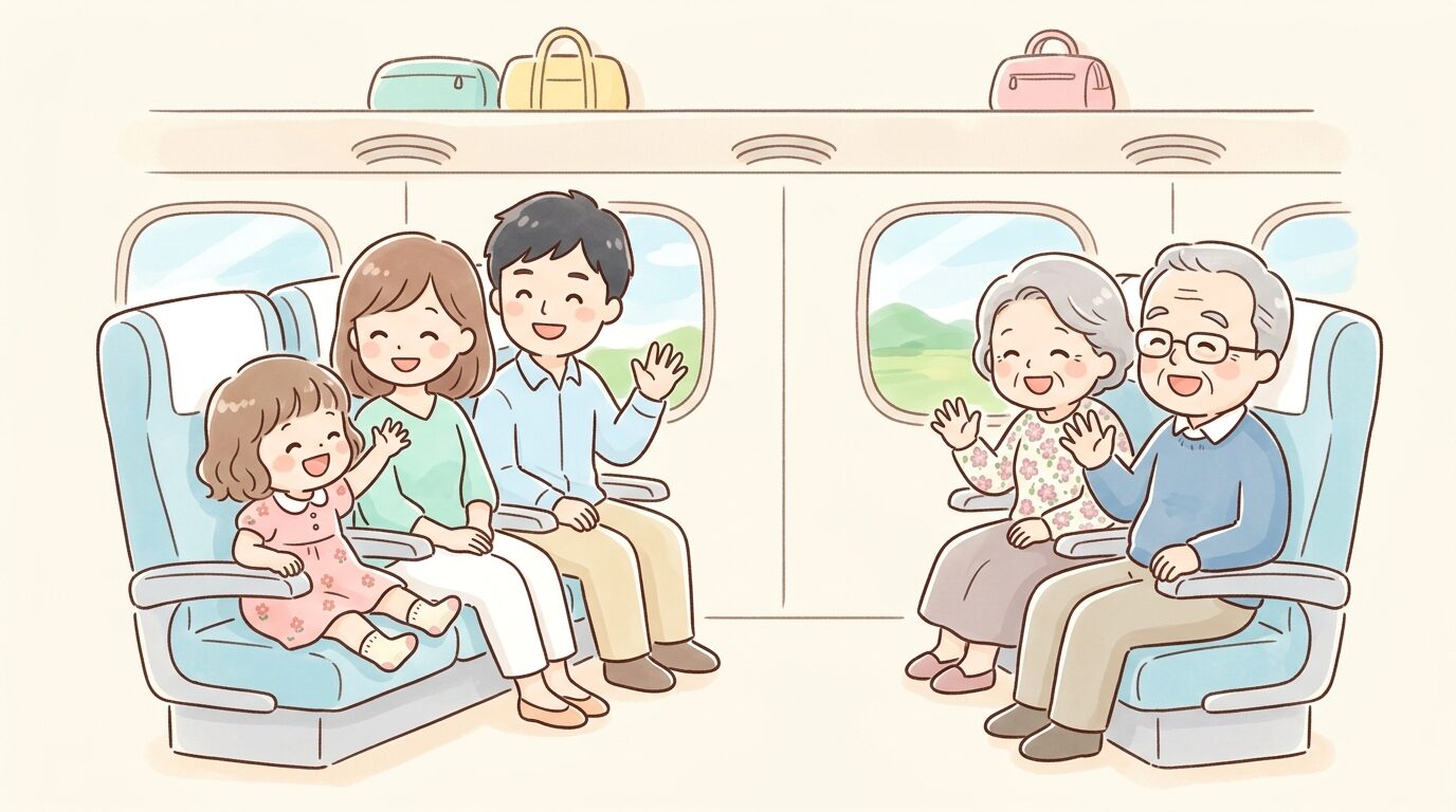 新幹線の座席で祖父母に手を振る笑顔の3歳の女の子と両親
