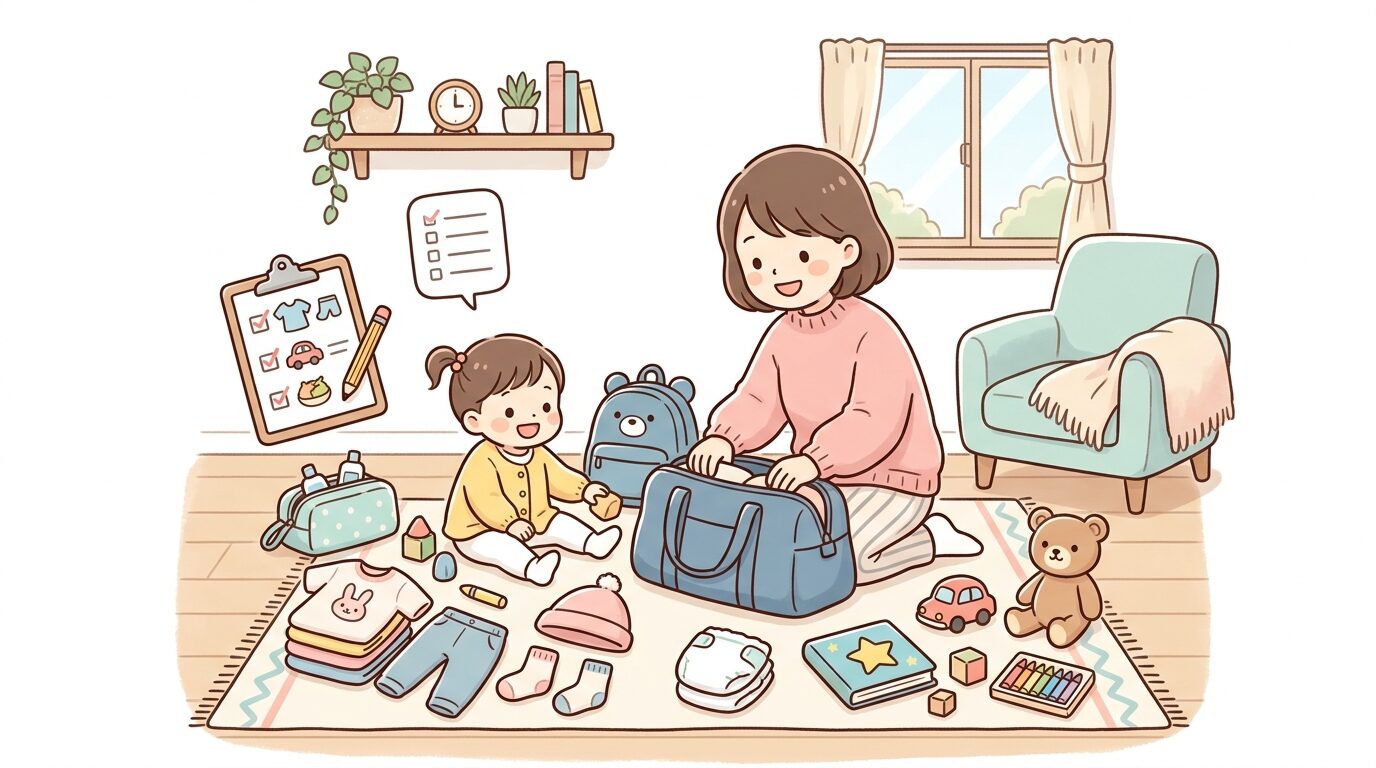 帰省用の荷物リストとおもちゃや着替えを整理するリビングの様子