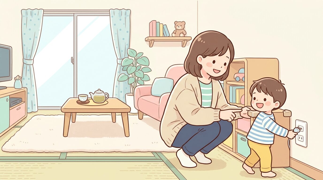 祖父母宅のリビングで危険な場所をチェックする母親と好奇心いっぱいの3歳児