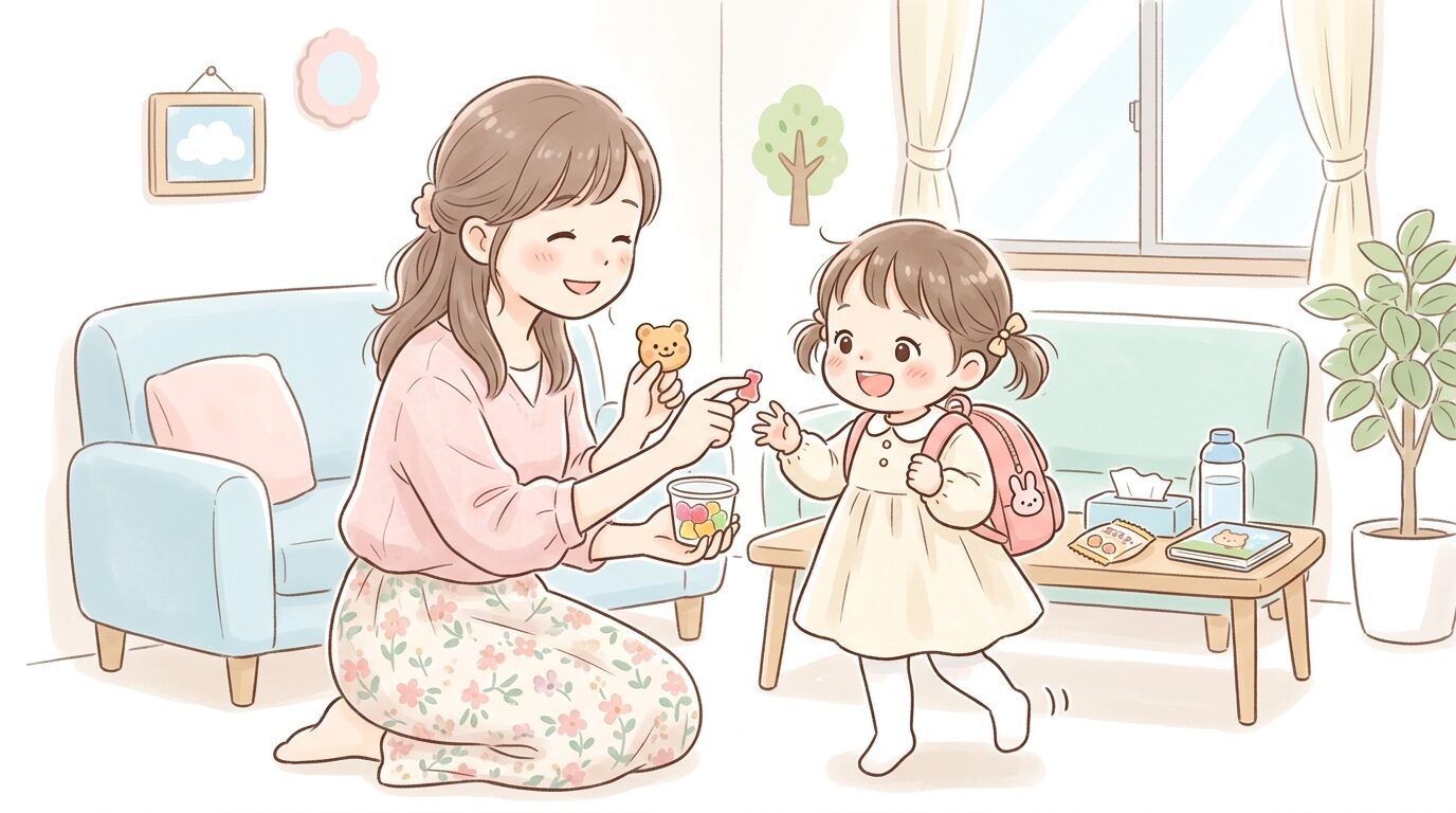 撮影前の控室で子供にグミやビスケットを優しく食べさせる母親と待ちきれない様子の子供