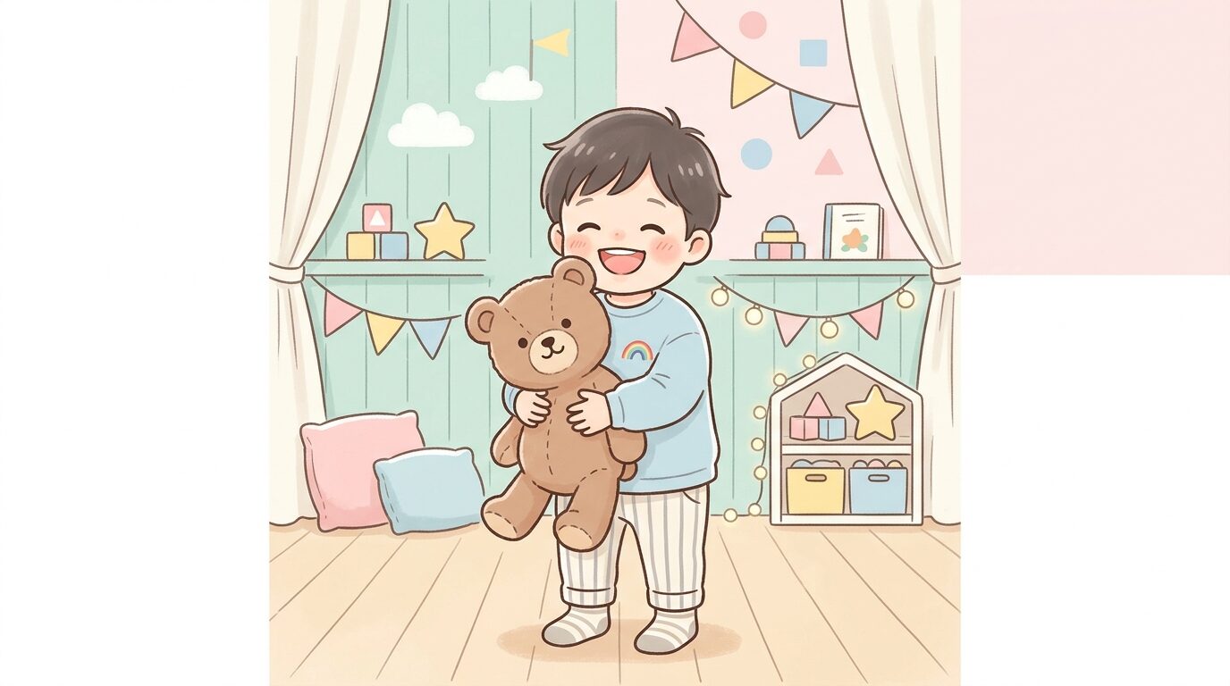 フォトスタジオのセット前でお気に入りのぬいぐるみを抱きしめて満面の笑みを見せる3歳児
