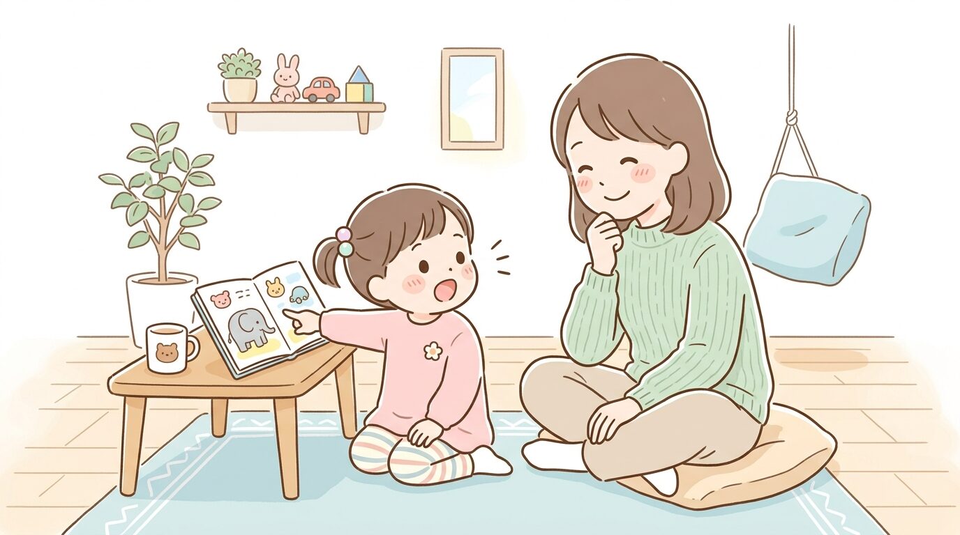 リビングで絵本を指さしながら一生懸命お話しする3歳の女の子と、微笑んで聞く母親
