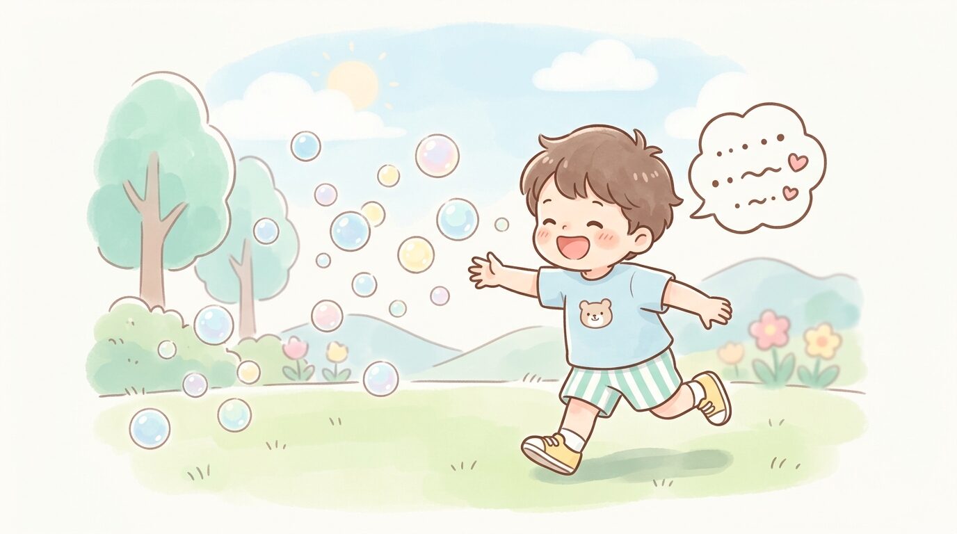 公園でシャボン玉を追いかけながら楽しそうに何かを叫んでいる3歳くらいの男の子