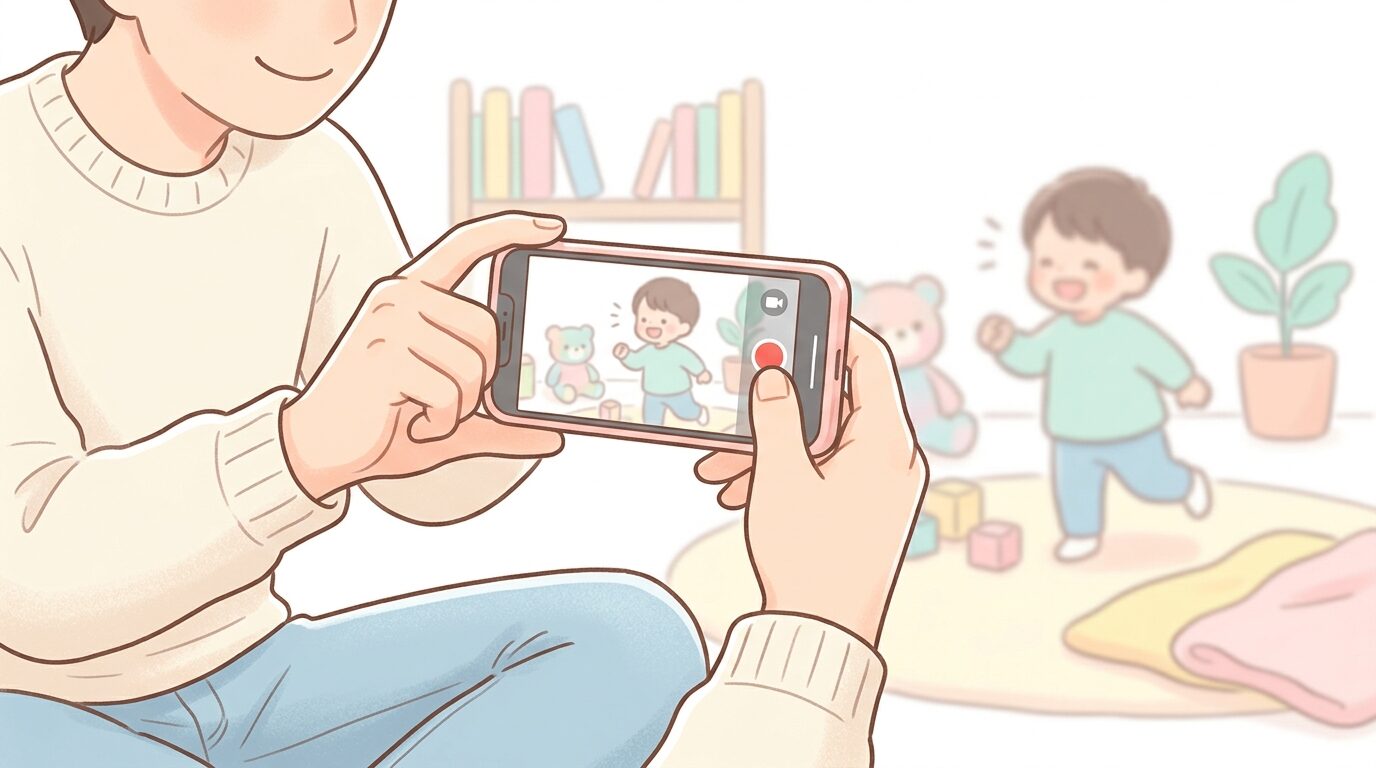 スマートフォンで子どもの会話動画を微笑みながら撮影する父親の手元