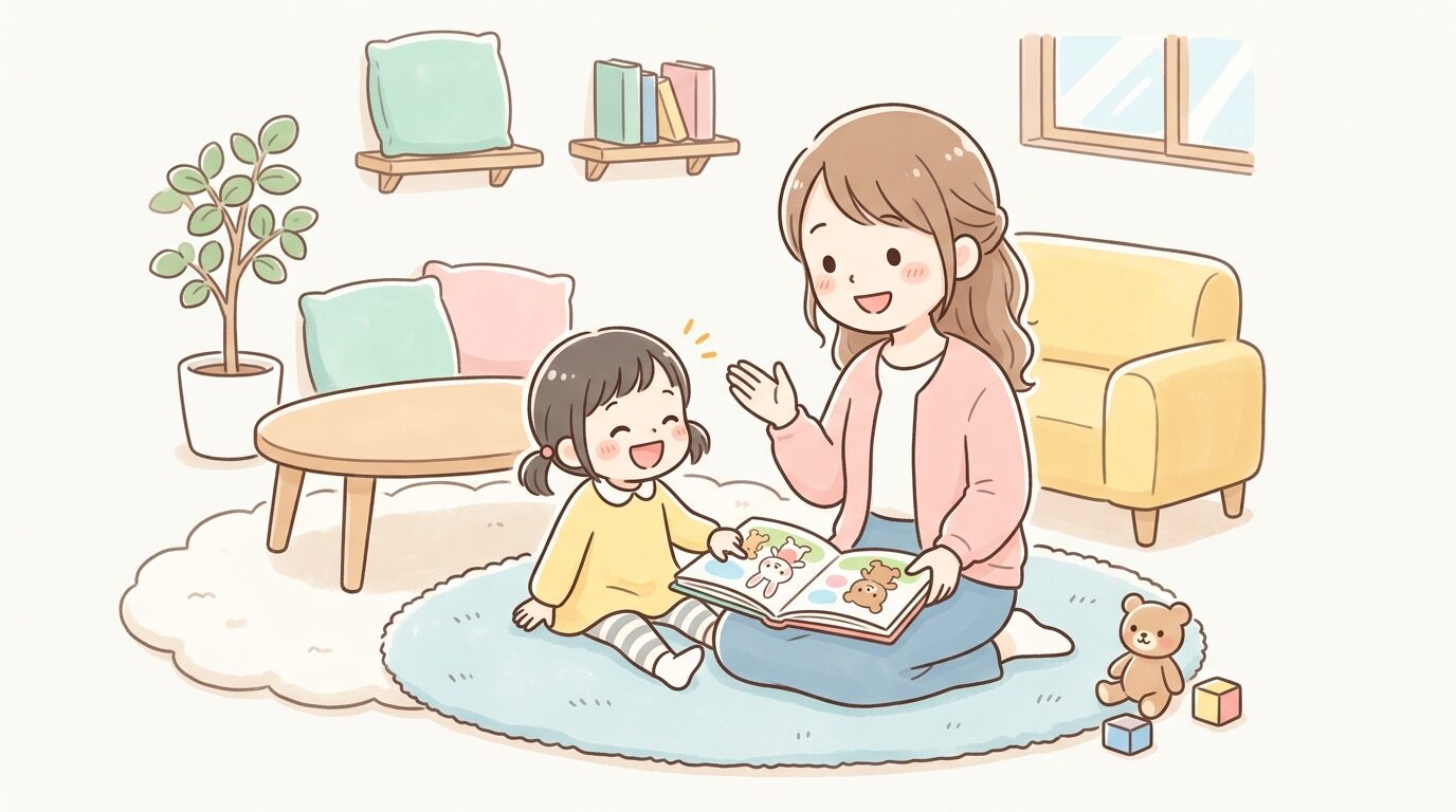 リビングで絵本を広げながら3歳の子どもと笑顔で話す母親の様子