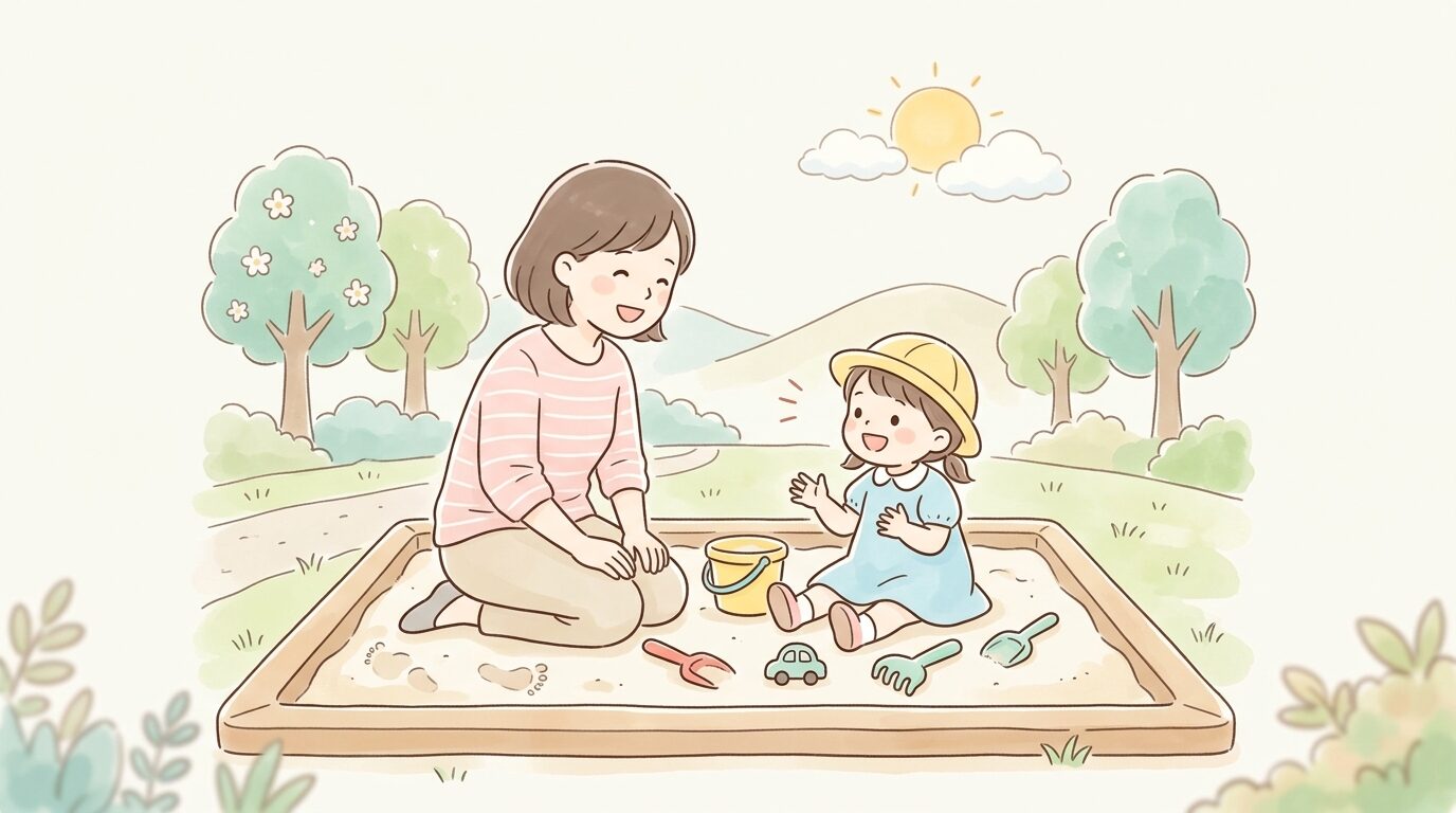 公園の砂場で親子が向き合いながら会話をしている親しみやすい風景