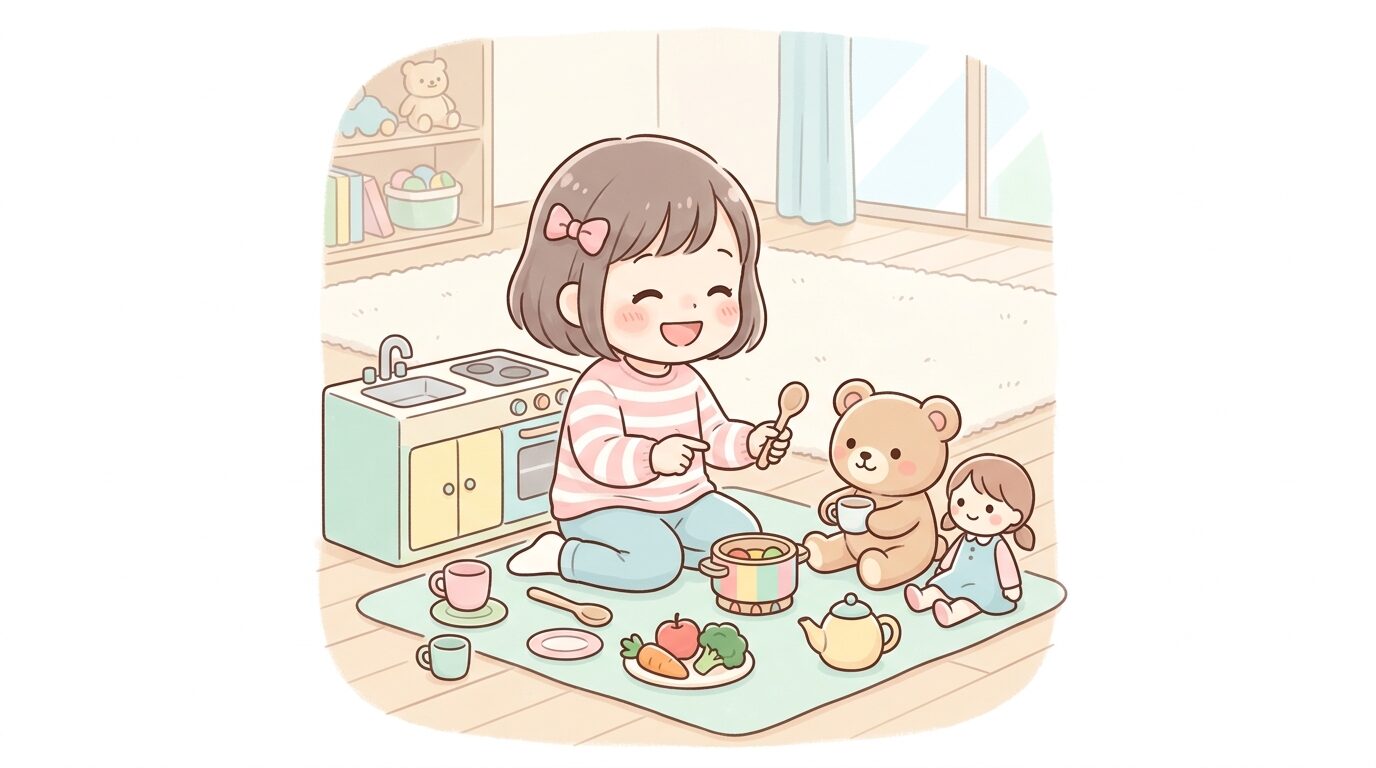 おままごとセットで人形に話しかけながら遊ぶ3歳児の楽しそうな表情