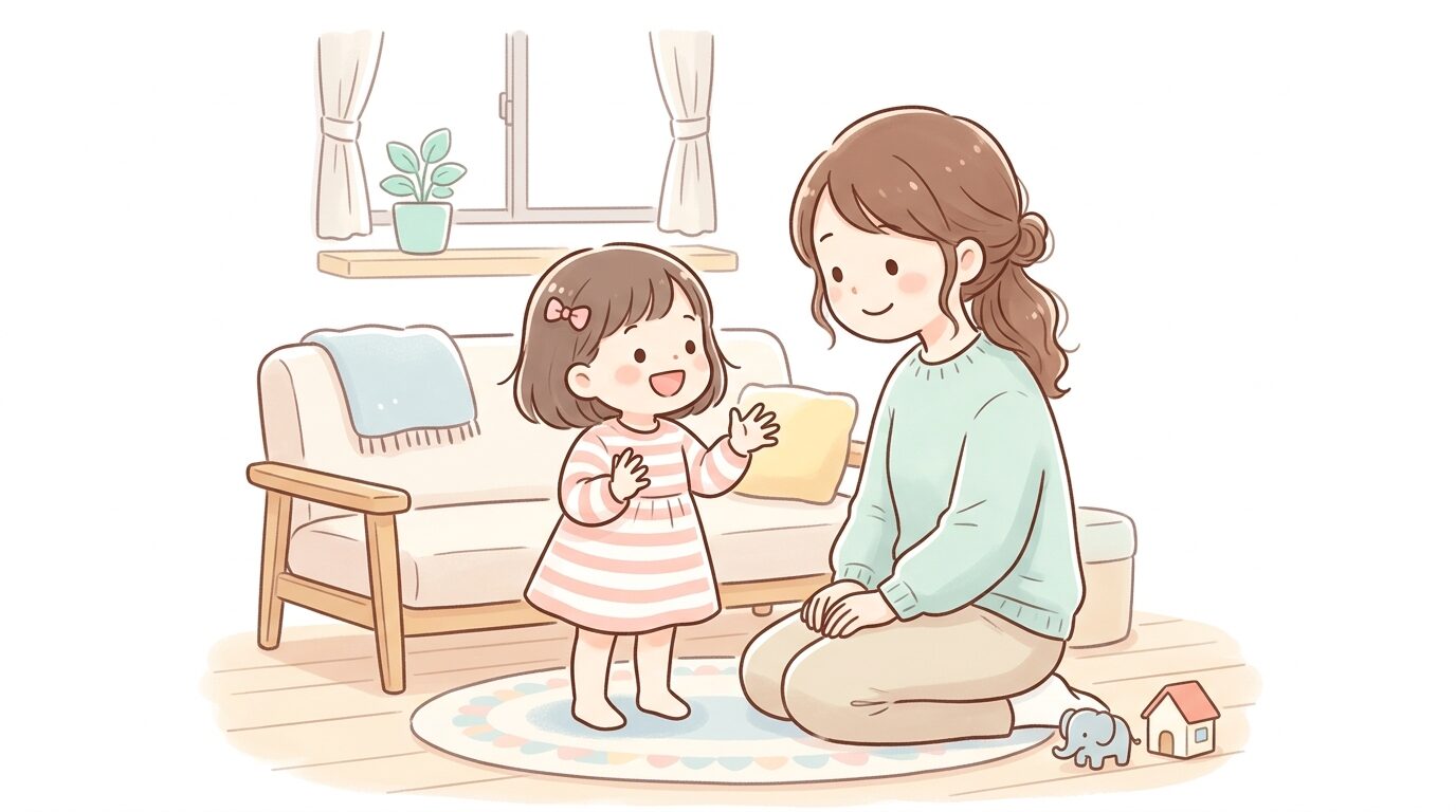 リビングで母親と向き合い、身振り手振りを交えて楽しそうに話す3歳くらいの女の子