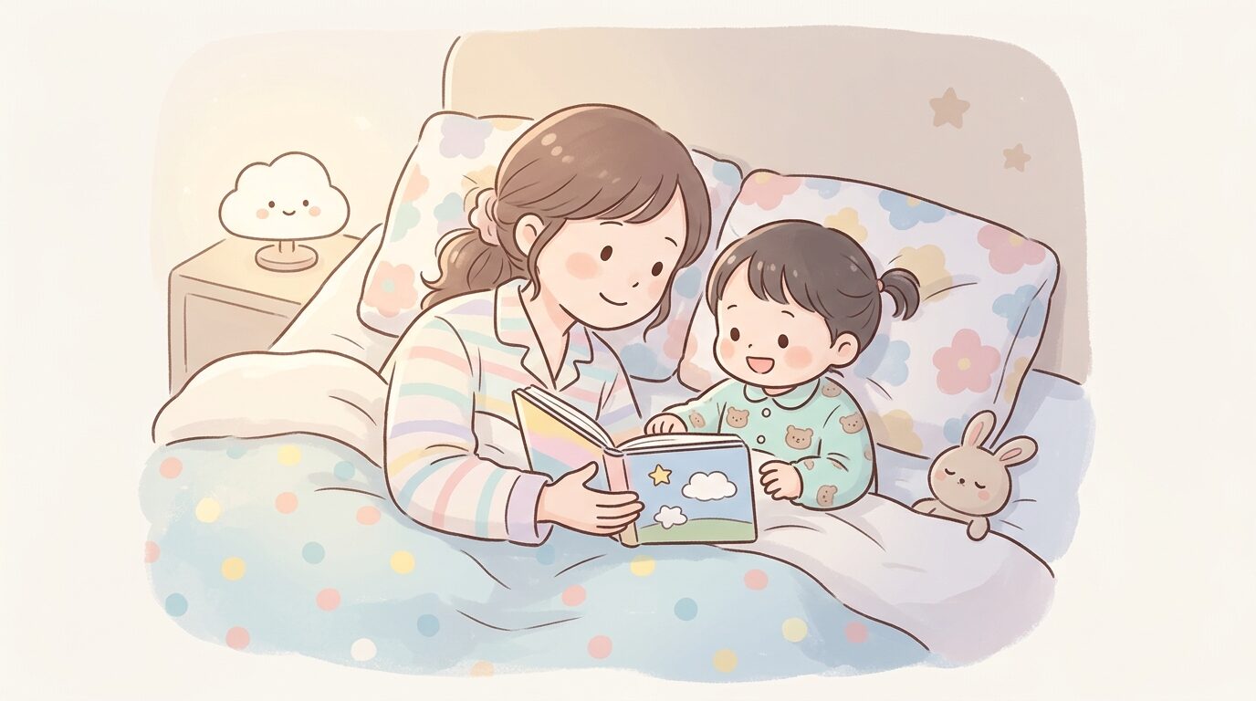 布団の中で親子が向かい合い、絵本を見ながら会話を楽しむ夜のワンシーン