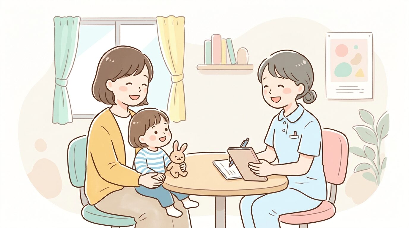 保健センターの診察室で保護者と看護師が笑顔で話す様子