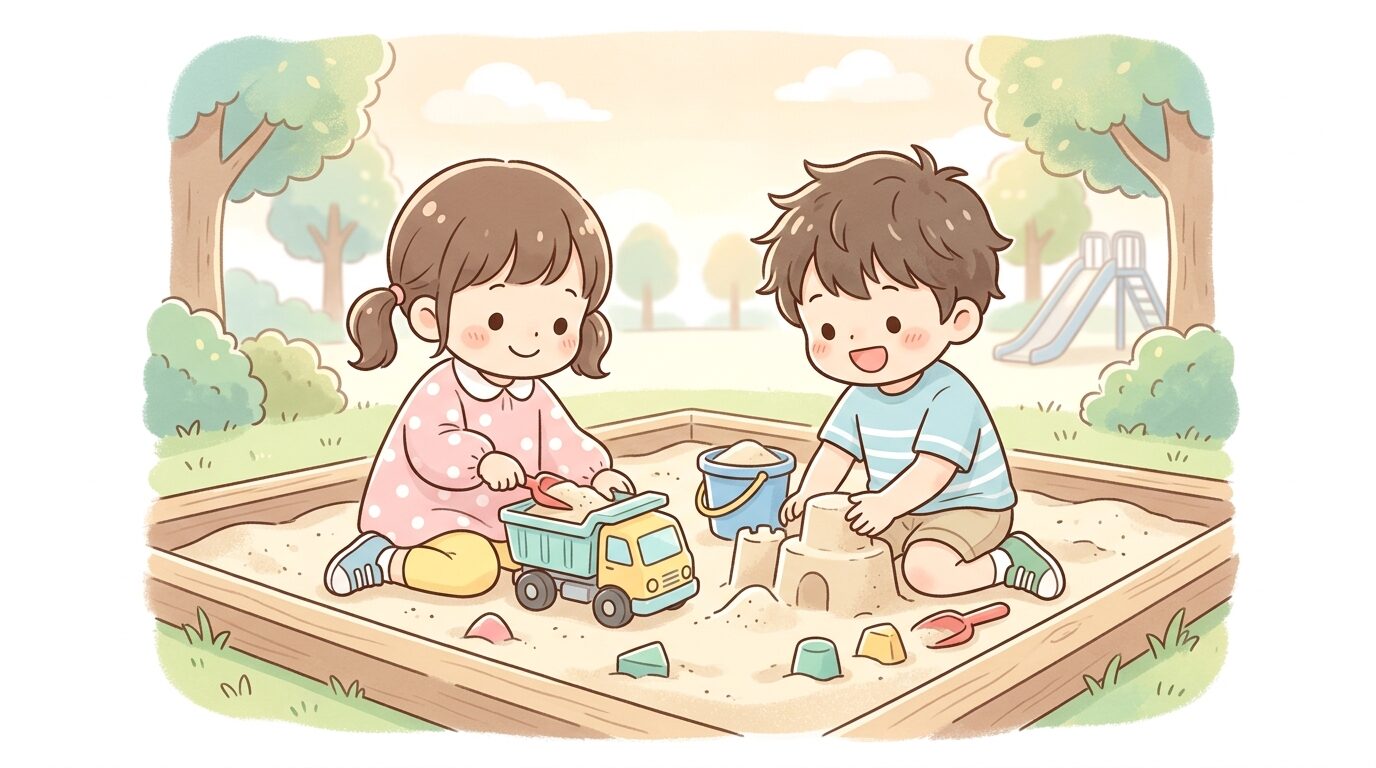 公園の砂場で隣同士並んで遊ぶ3歳児2人、それぞれ違う遊びに夢中になっている様子