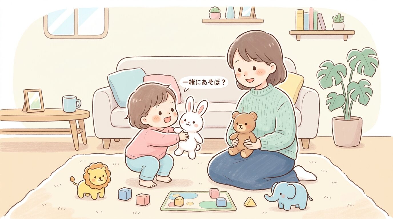 リビングでぬいぐるみを使い母親と一緒に遊びの誘い方を練習する3歳の子ども