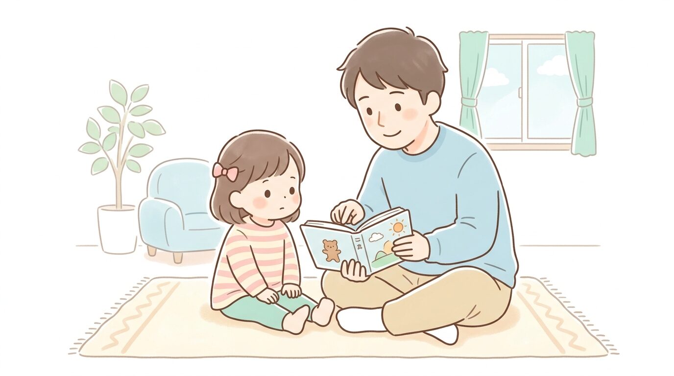 絵本を読み聞かせる父親と、真剣な表情で耳を傾ける3歳の女の子
