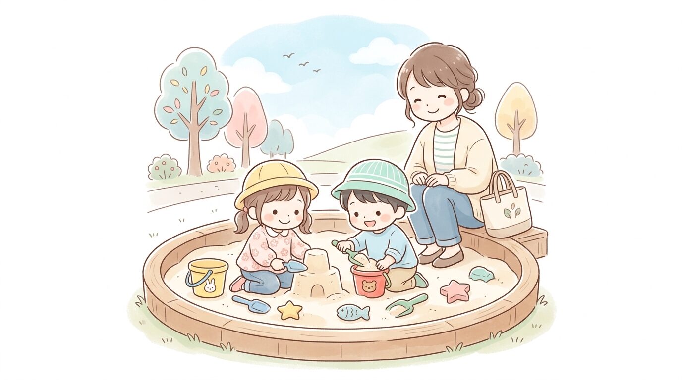 公園の砂場で隣り合って遊ぶ3歳くらいの子ども2人と見守る母親