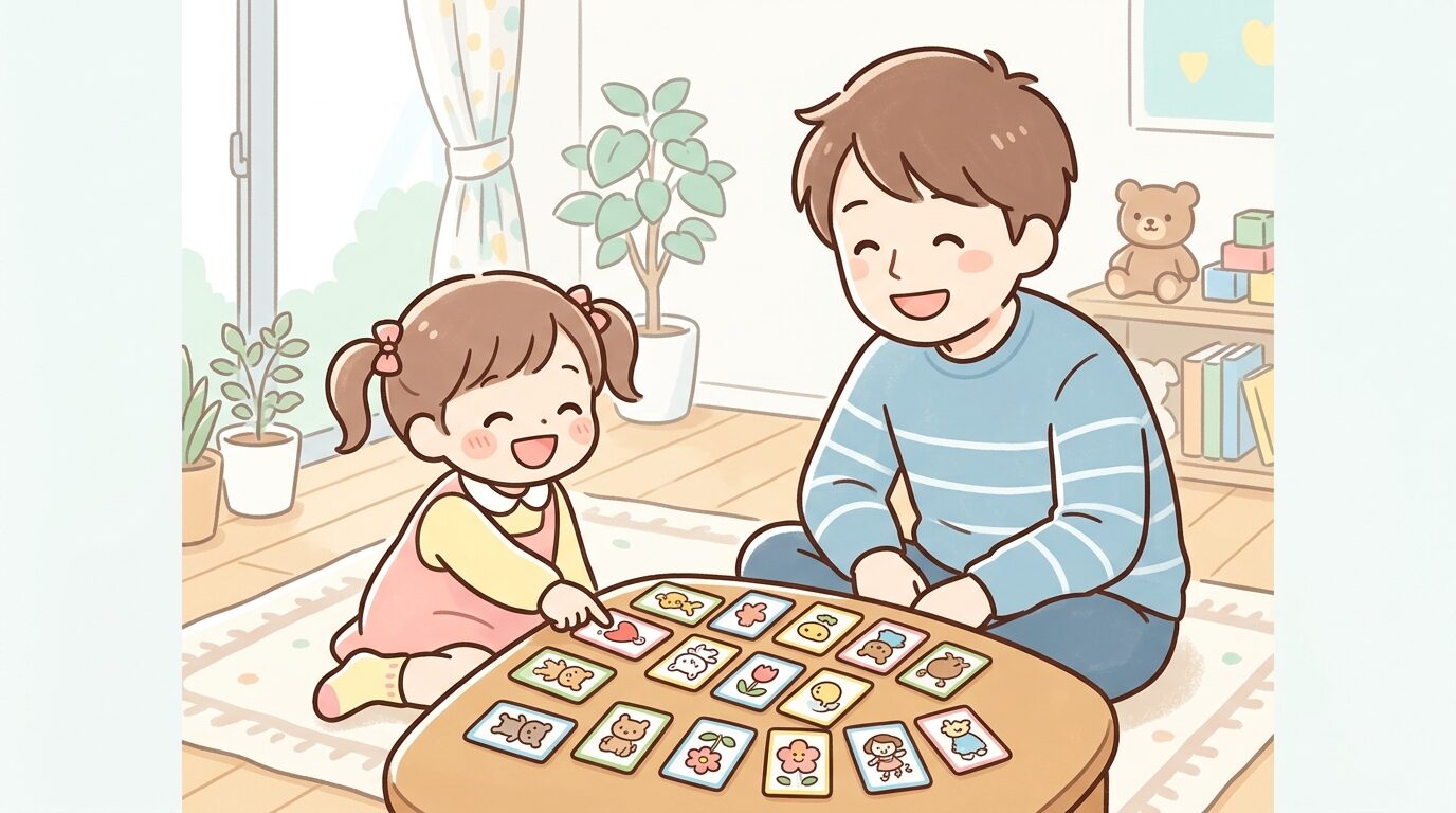リビングで親子カルタを楽しむ父親と3歳児の笑顔のシーン
