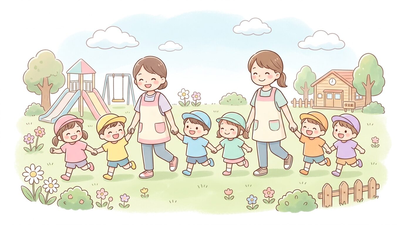 保育園の園庭で先生と一緒に手つなぎ鬼を楽しむ3歳児グループ
