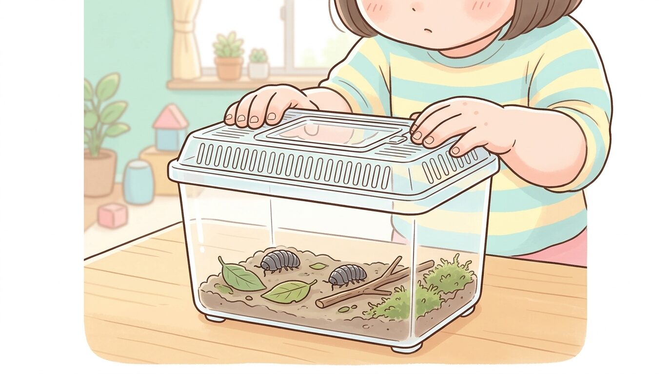 虫かごの中のダンゴムシを興味津々で覗き込む3歳くらいの女の子の手元
