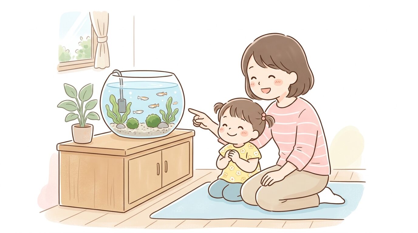 リビングの水槽の中を泳ぐメダカを親子で並んで観察している様子