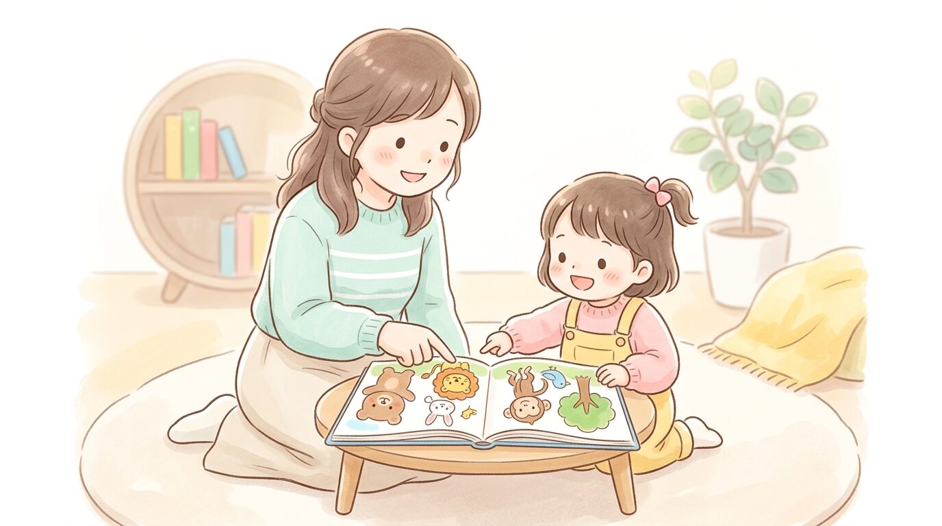 図鑑を広げながら子どもと一緒に生き物について話し合う親の様子