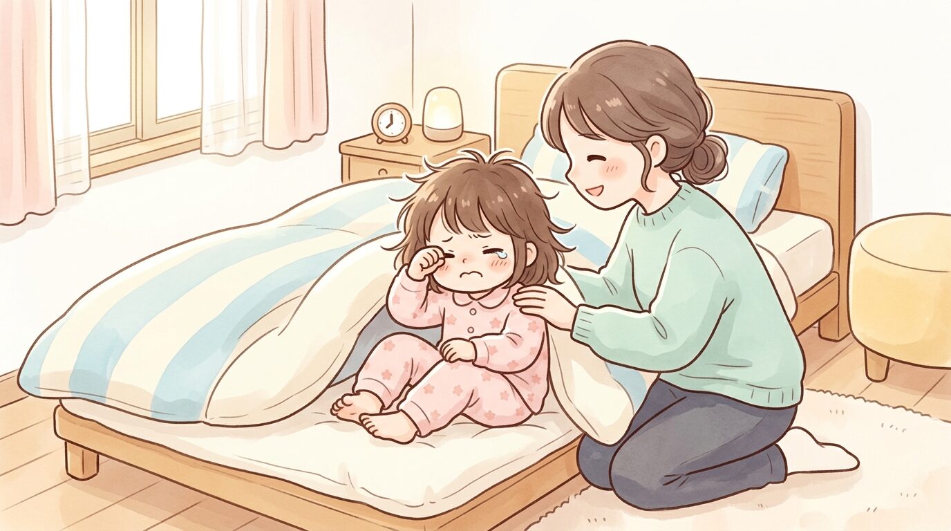 布団の中で目をこすりながらぐずる3歳くらいの女の子と、優しく声をかける母親の朝の寝室風景