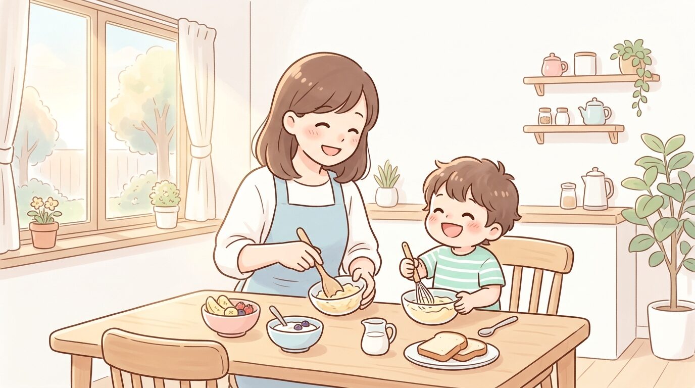 朝日が差し込むダイニングで、笑顔の子どもと一緒に朝食の準備をする親の様子