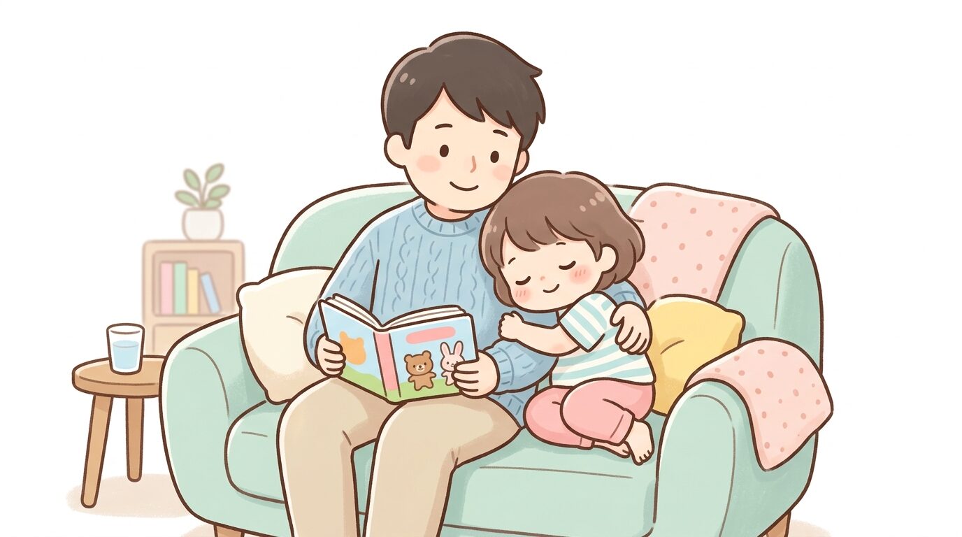 リビングのソファで絵本を読み聞かせる父親と、安心した表情で寄り添う3歳児