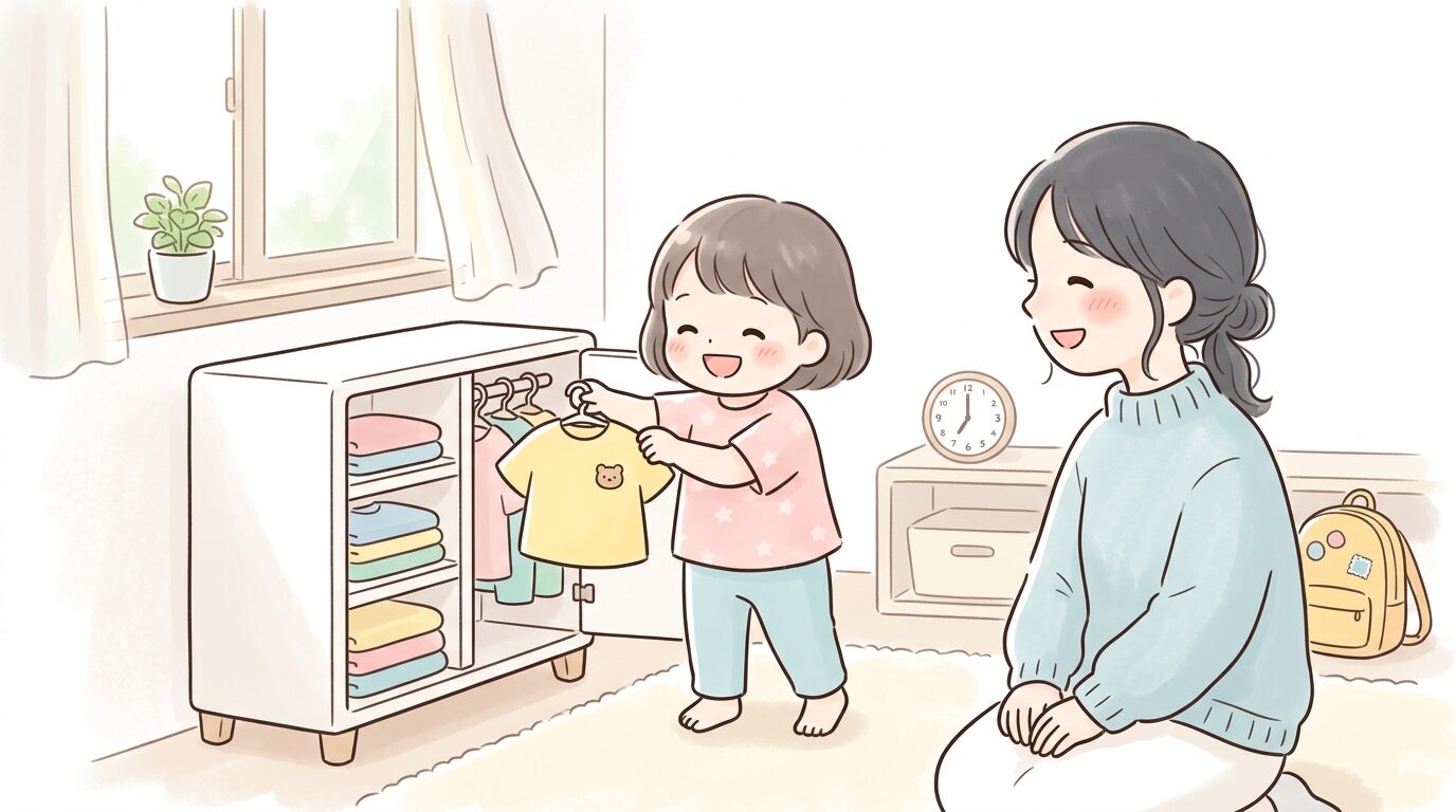 朝の light あふれるリビングで3歳の子どもが自分で洋服を選んでいる様子、笑顔の母親が見守っている