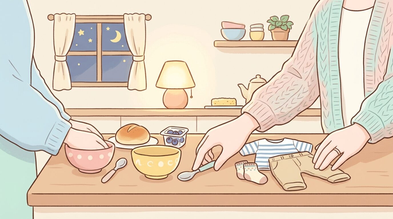 キッチンで前日の夜に翌朝の朝食メニューと子どもの服を並べて準備する母親の手元、温かい雰囲気