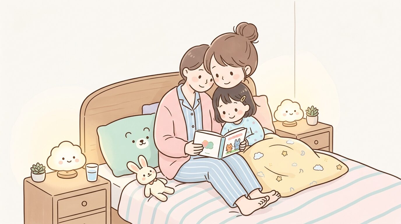 夜、間接照明の中で親が3歳の子どもに絵本を読み聞かせている穏やかな寝る前のひととき