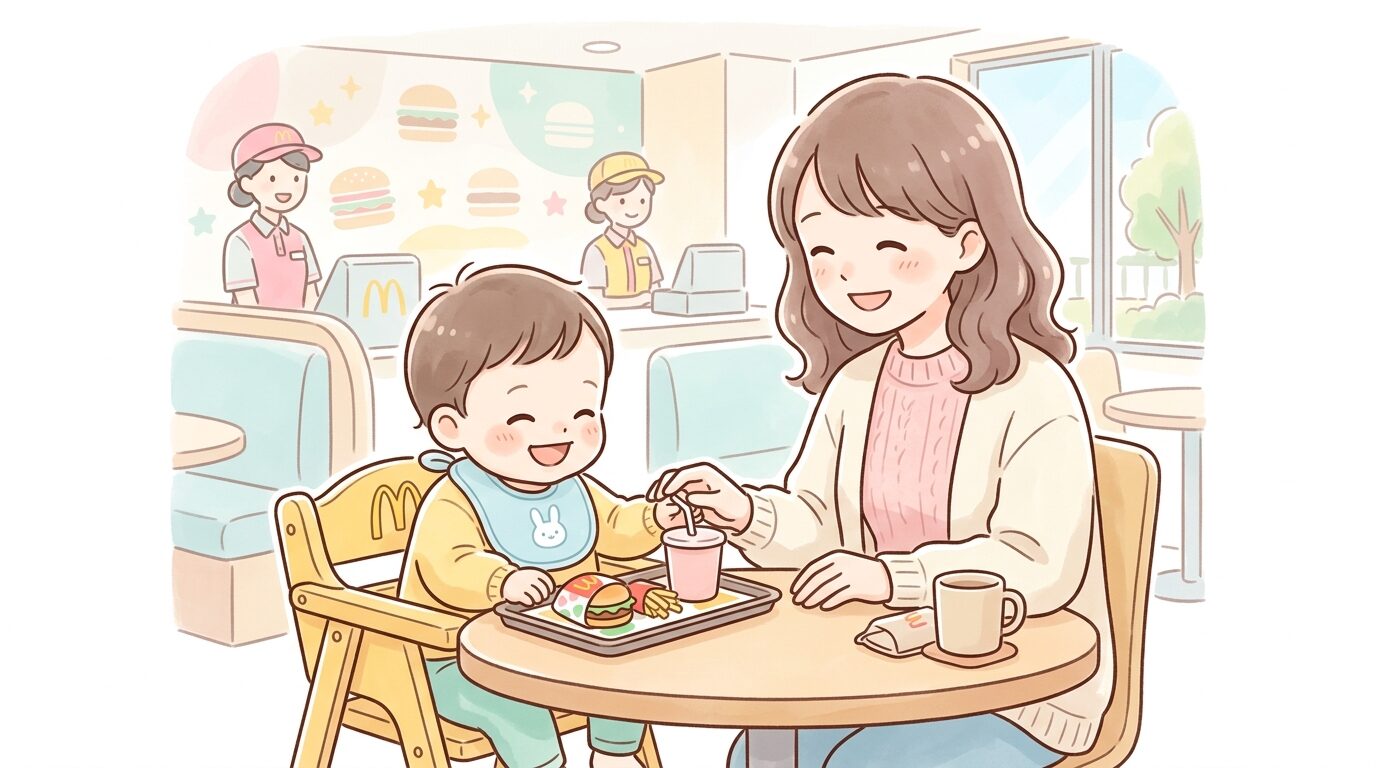 マクドナルドの店内で赤ちゃん用の椅子に座る笑顔の1歳児と見守る母親