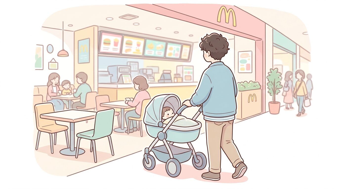 ショッピングモール内のマクドナルドでベビーカーを押しながら席を探す父親の後ろ姿