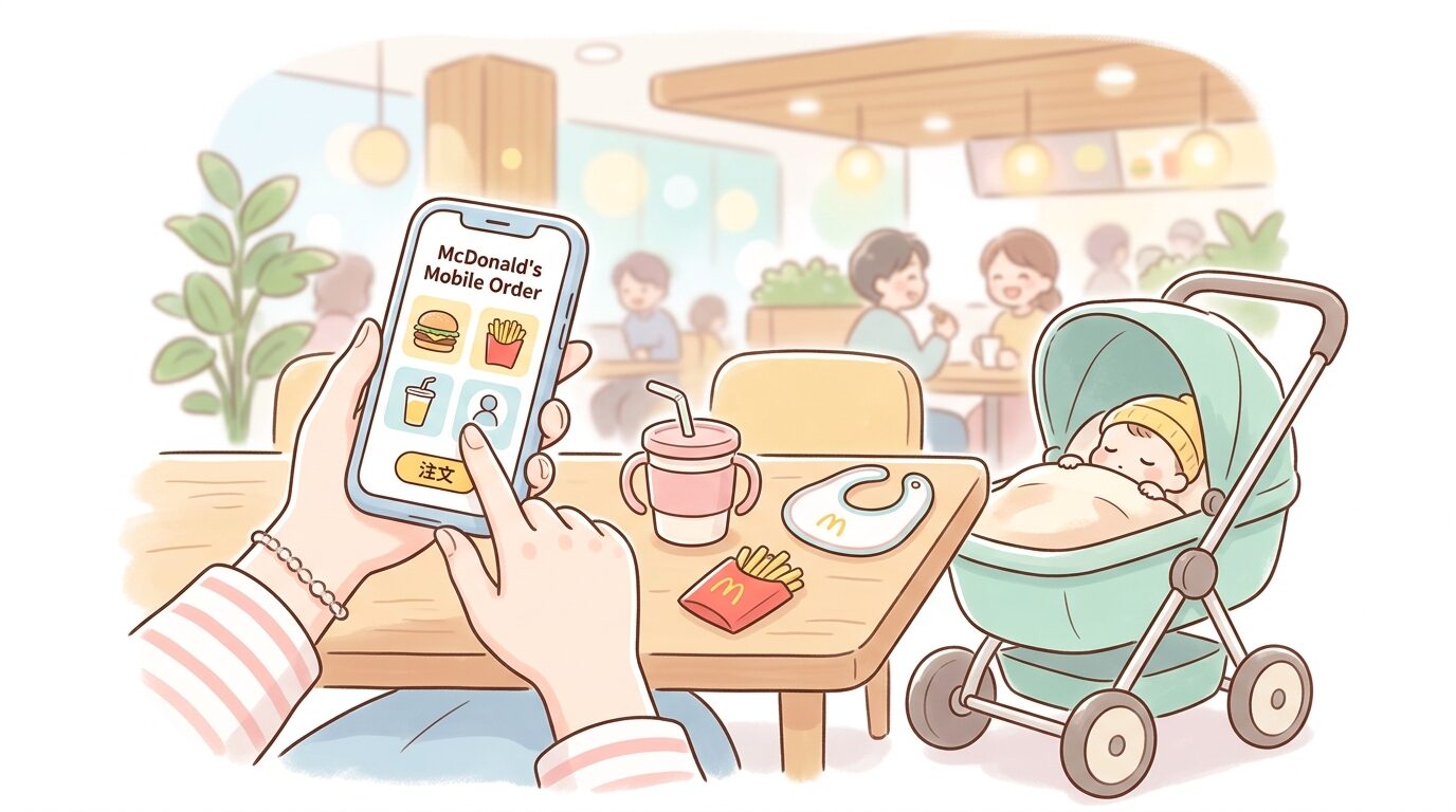スマートフォンでマクドナルドのモバイルオーダーアプリを操作する親の手元とテーブルに置かれたベビーカー