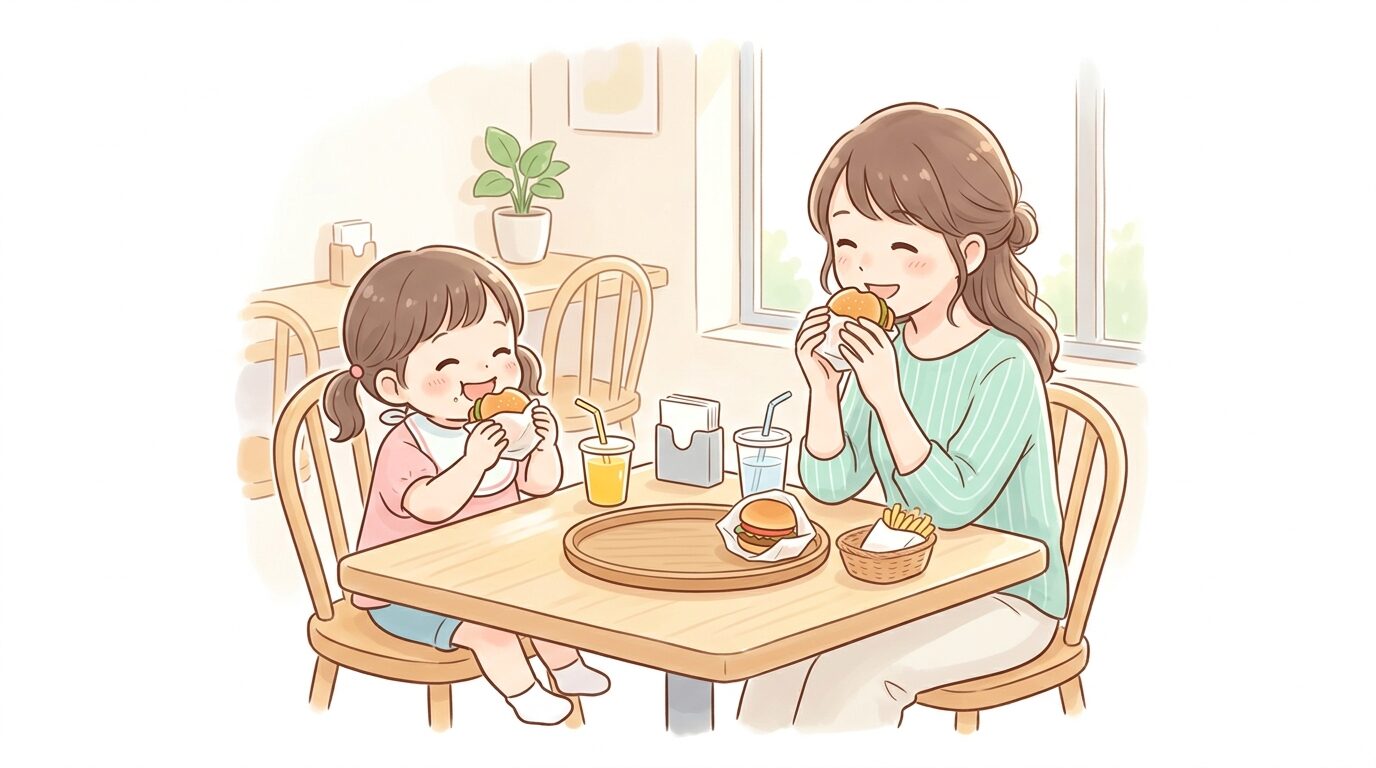 明るいテーブル席でハンバーガーを食べる小さな子どもと笑顔の母親