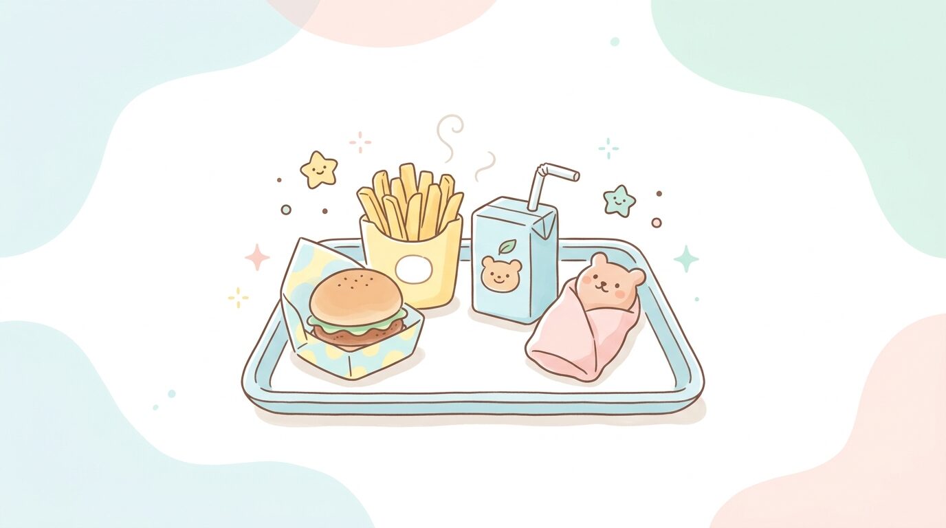 モスワイワイセットのハンバーガーとポテト、紙パックジュースが並んだトレイ