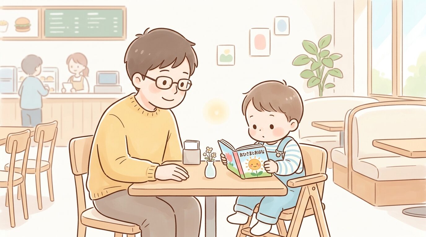 絵本を読みながら食事の順番を待つ幼児と見守る父親