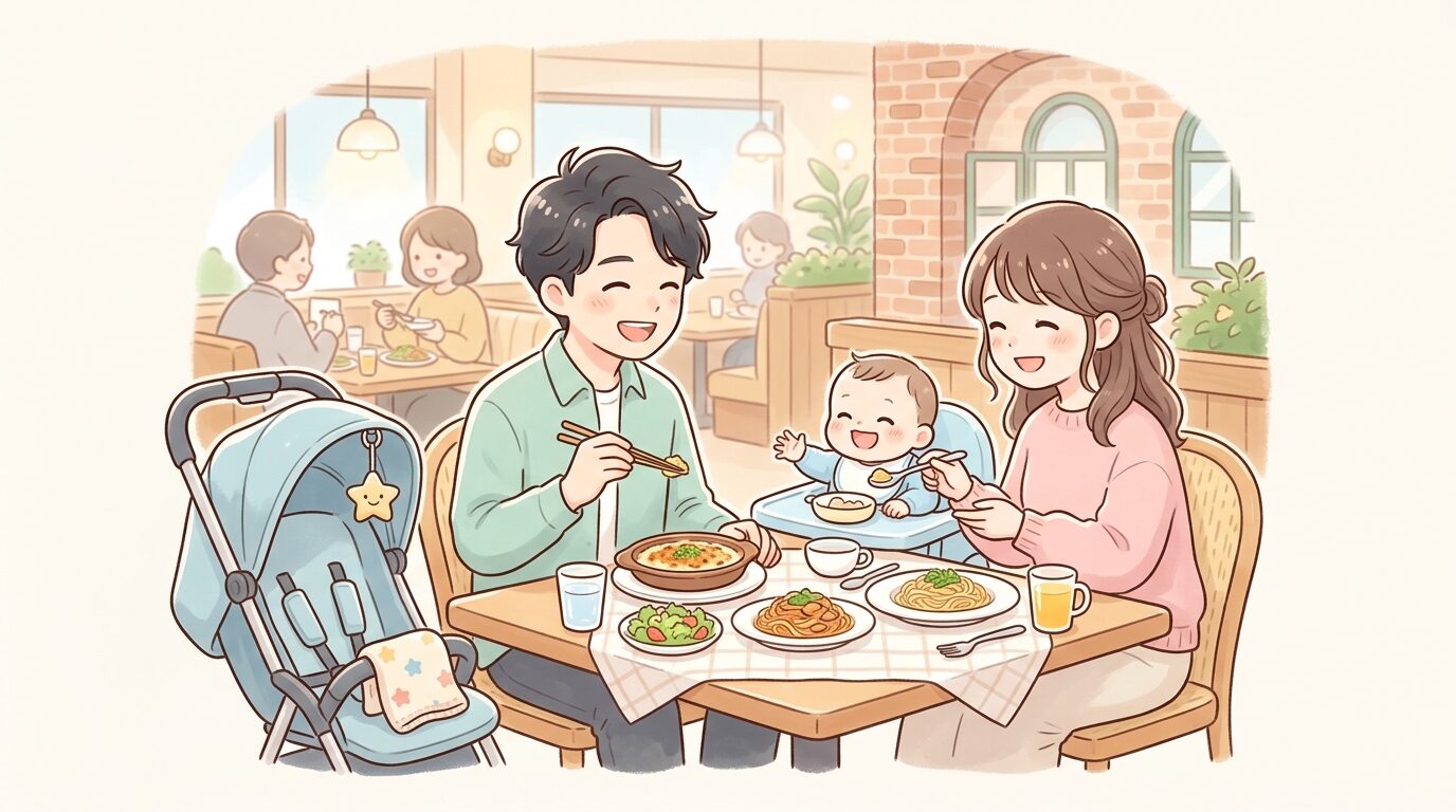 サイゼリヤの店内でベビーカーを横に置き、家族で楽しそうに食事をする若い夫婦と赤ちゃんの様子