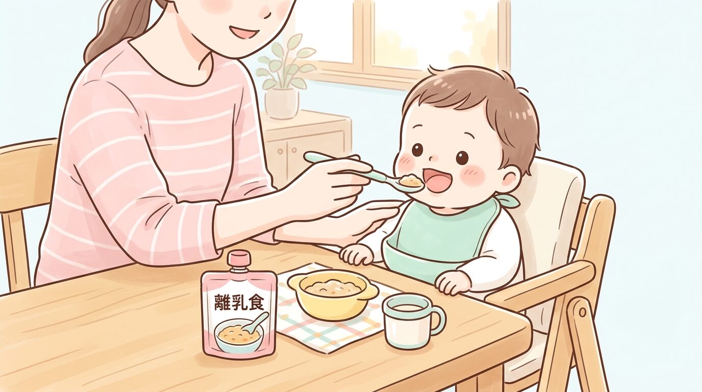 レトルトの離乳食パックとスプーンをテーブルに並べ、赤ちゃんに食事をあげる母親の手元