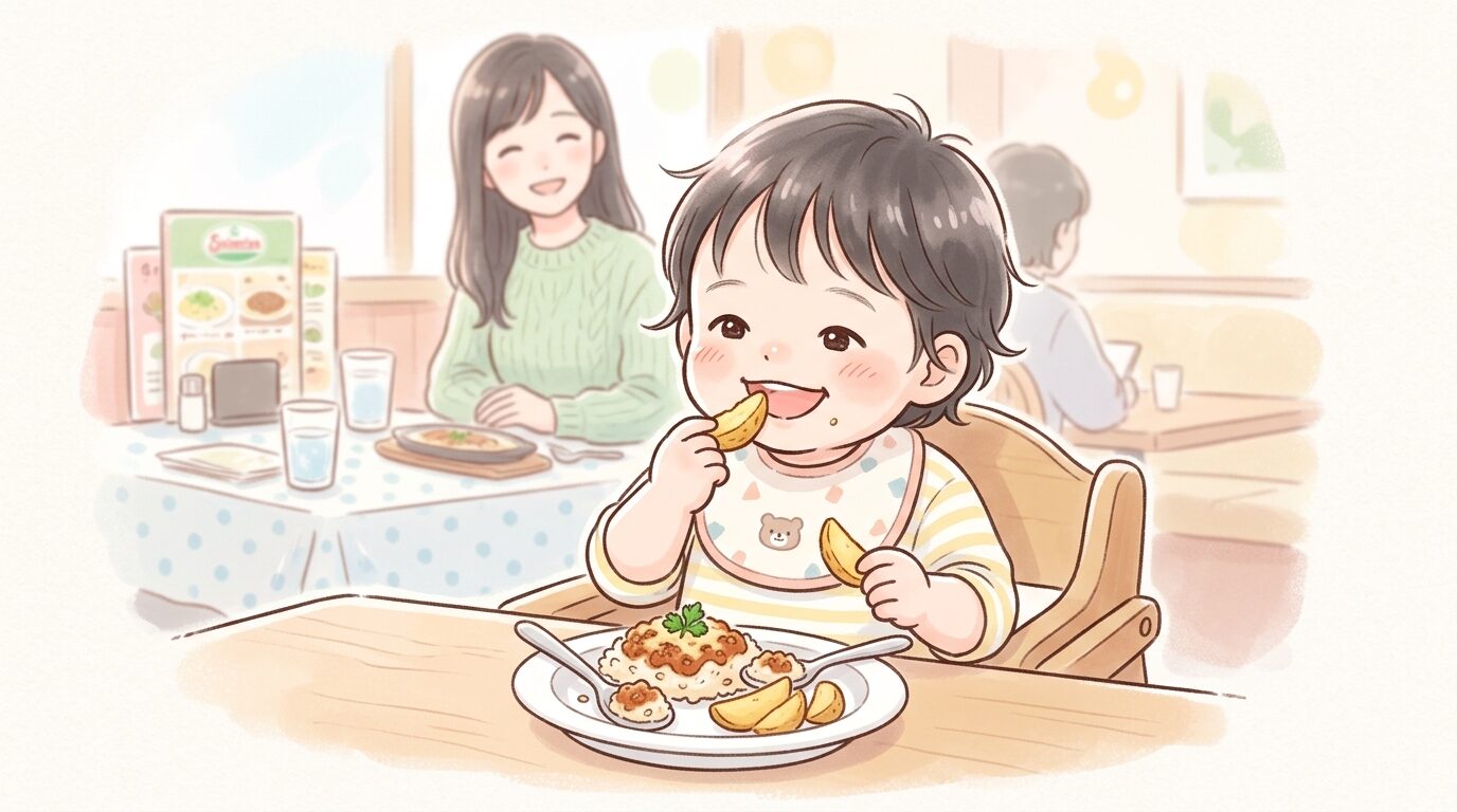 取り皿に少しずつ盛られたミラノ風ドリアとポテトを、手づかみで楽しそうに食べる2歳くらいの子ども
