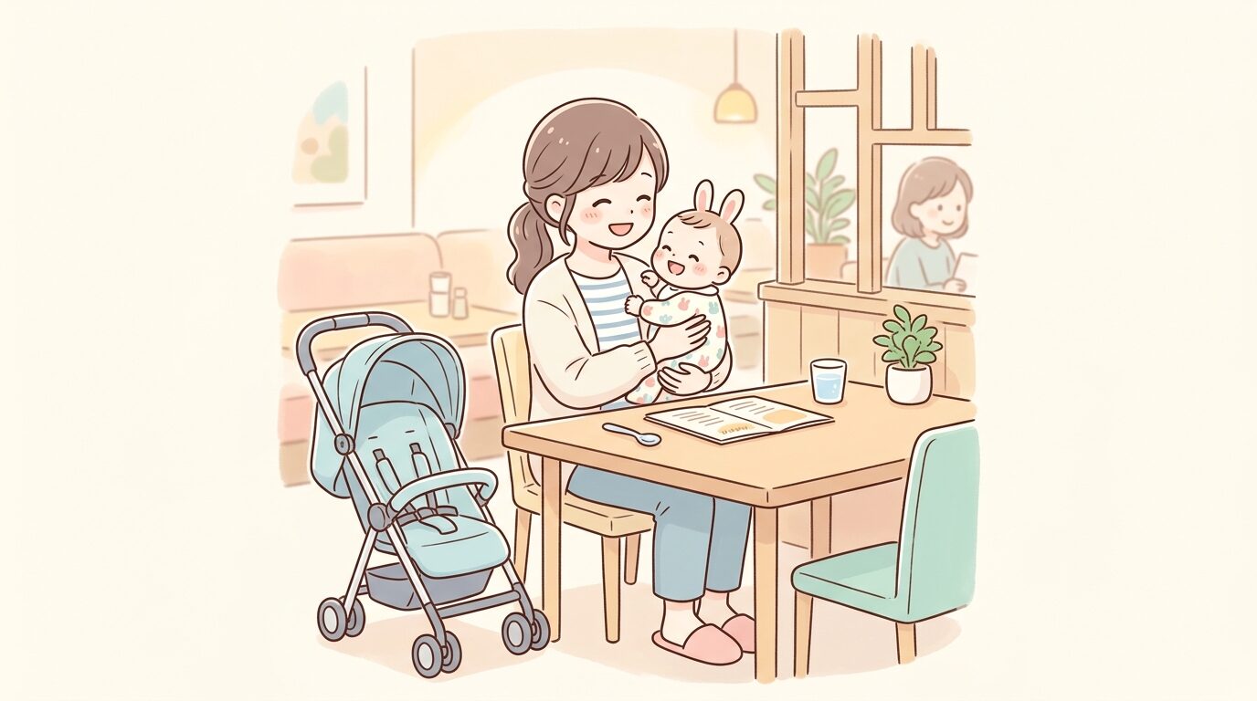 ファミレスのテーブル席でベビーカーを横に置き、赤ちゃんを抱っこして微笑む母親